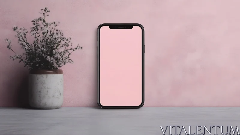 Minimalist Smartphone Mockup with Notch Display Adjacent to Potted Botanical
