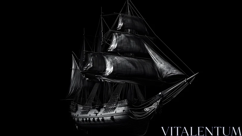 Dramatic Black and White Tall Ship Illustration with Shadowy Sails.