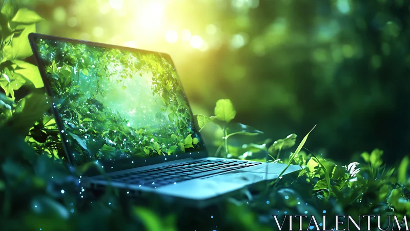 Digital laptop sanctuary immersed in luminous forest light.