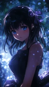 Nocturnal anime portrait with blue bokeh and rim lighting