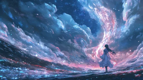 Girl in white dress under swirling cosmic night sky.