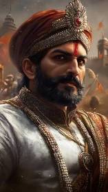 Regal warrior king stands resolute before his ancient fort