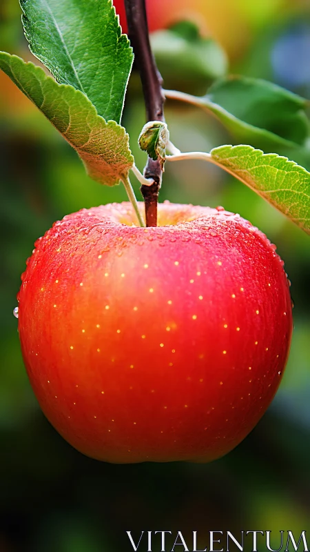 Ripe red apple with dew on branch against soft bokeh background.