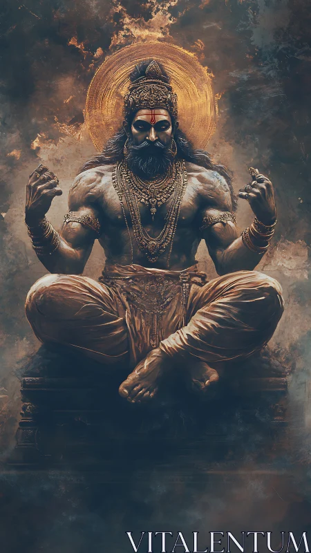 Muscular seated deity figure rendered with glowing halo and smoke