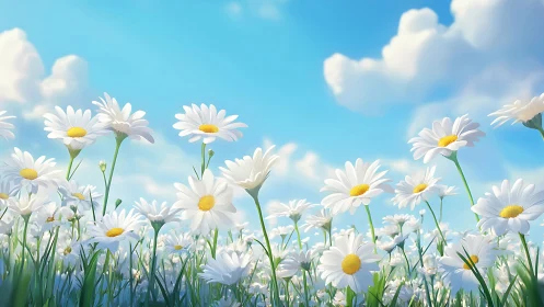 Field of White Daisies Under Blue Sky with Clouds