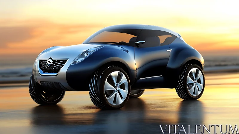 Futuristic compact crossover concept on reflective wet shoreline