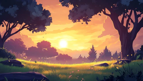 Golden meadow sunset between quiet forest trees.