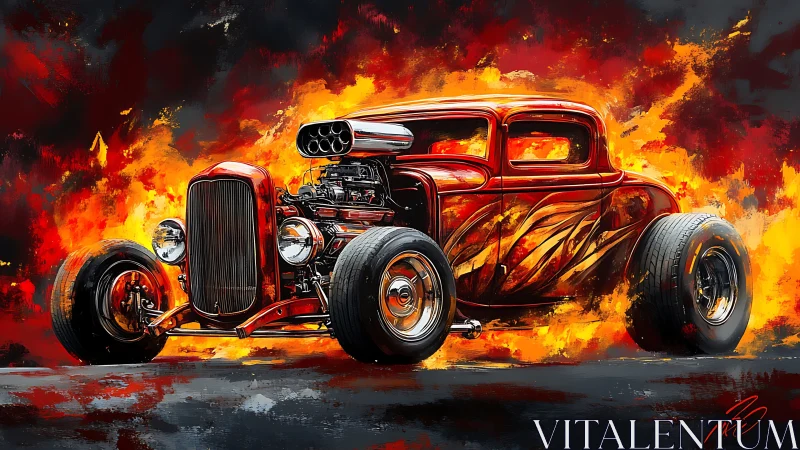 Blazing hot rod coupe roaring through a storm of vivid flames.