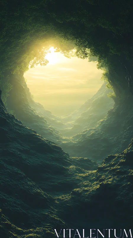 Sunlit cavern mouth opening onto a mist veiled dream horizon.