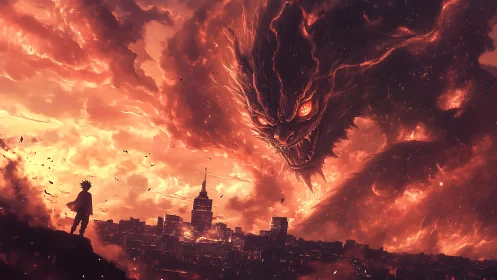 Lone anime warrior confronts colossal fire demon above city.