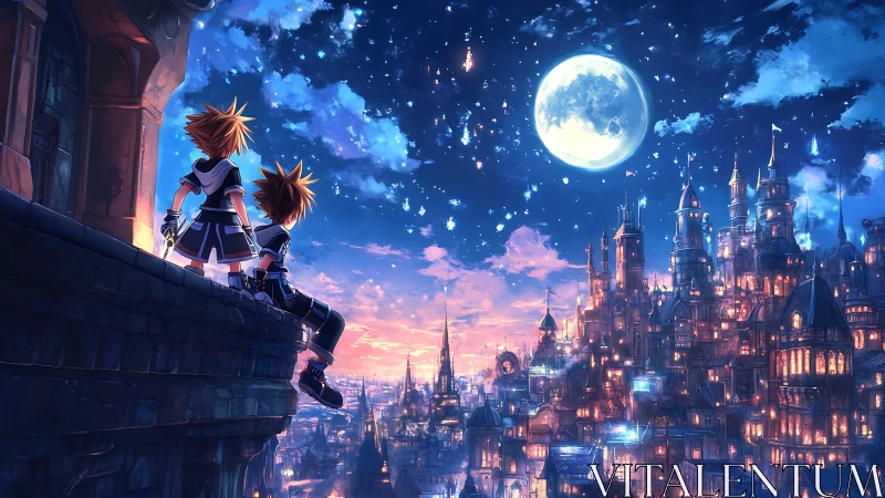 Dual observers on a luminous neo-gothic skyline under full moon.