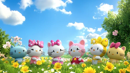 Six Hello Kitty character figures in springtime meadow landscape