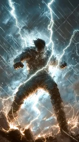 Storm-forged warrior erupting amid electric cataclysm.