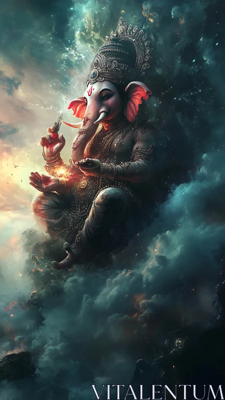 Divine elephant-headed deity floating in glowing storm clouds.