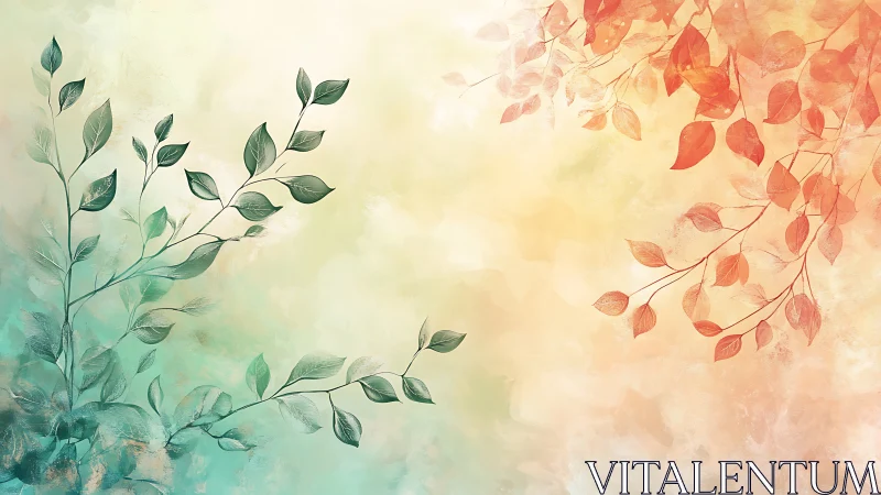 Soft watercolor leaves in teal and coral gradient space.