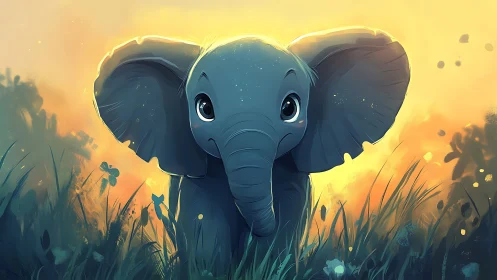 Sunlit baby elephant in glowing grassland illustration.