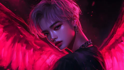 Crimson winged rebel looks back with a quiet, glowing fire