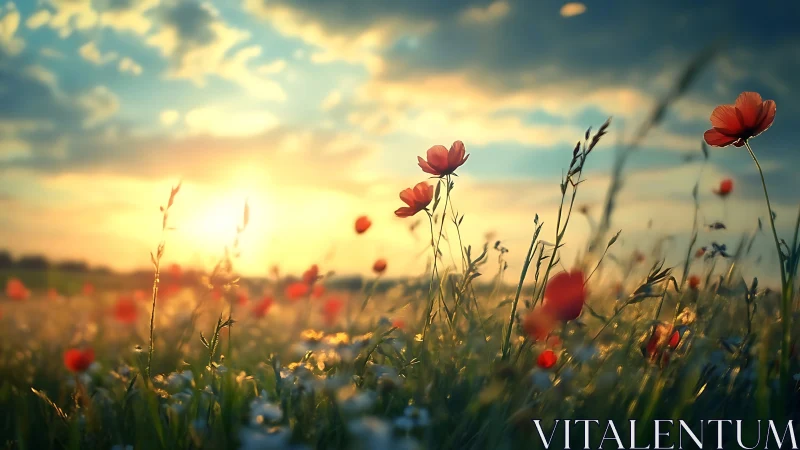 Wildflower meadow glows under low golden sunset sky.