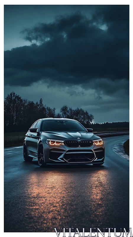 Sleek sports sedan glides along a moody wet twilight road