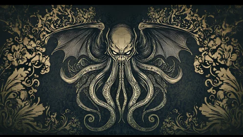 Eldritch cephalopod god coils within ornate baroque frame.