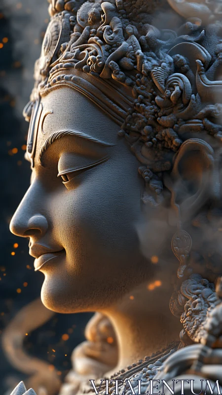 Serene deity profile in glowing embers and ornate reliefs.