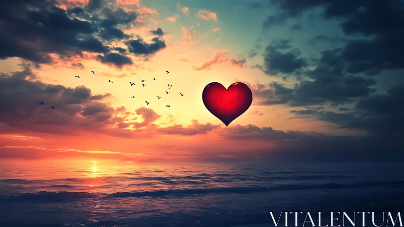 Crimson Heart Suspended Over Seascape at Sunset.