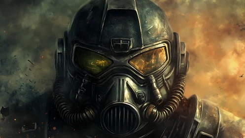 Armored respirator helmet in toxic smoke with fractured visor lighting
