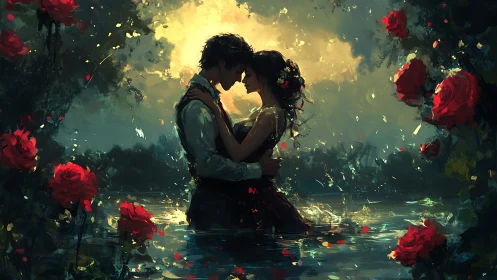 Two souls kiss beneath glowing roses in dreamlike splendor