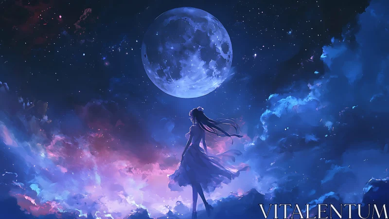 Moonlit dreamer standing softly among glowing clouds.