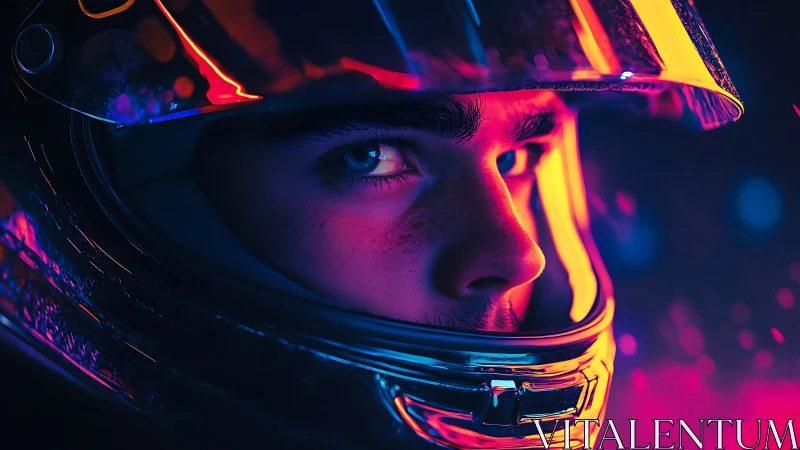 Neon racer&rsquo;s gaze blazing through chrome-lit visor night.