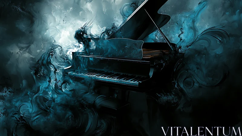 Grand piano emerges from swirling teal ethereal smoke