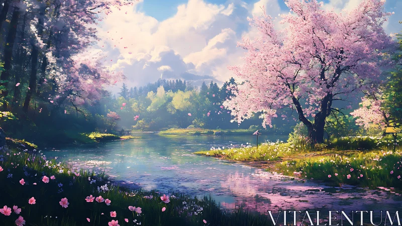 Blossom-laden riverside dreamscape under soft spring clouds.