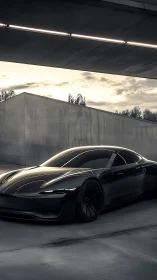 Sleek black supercar waits under concrete overpass at dusk