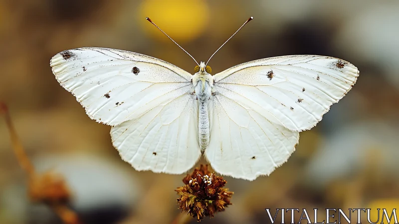High‑resolution macro study of white butterfly on dried flower