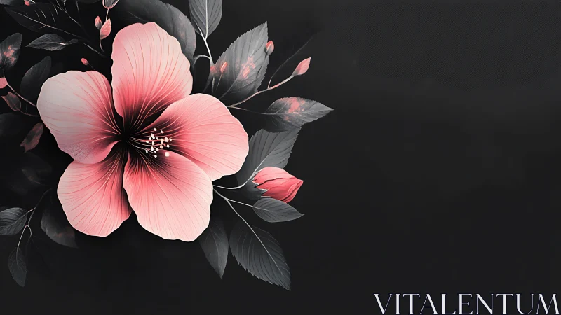 Pink Hibiscus Blooms Against Dark Backdrop with Gray Foliage