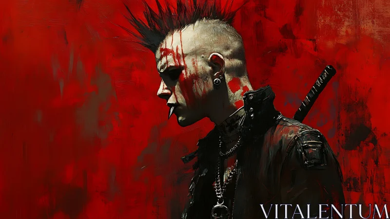 Bloodstained cyberpunk punk warrior against vivid red backdrop.
