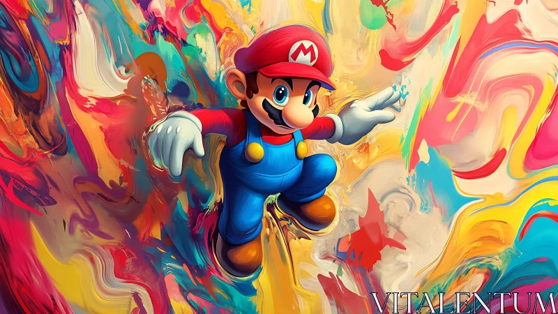 Dynamic cartoon hero suspended in abstract chromatic vortex