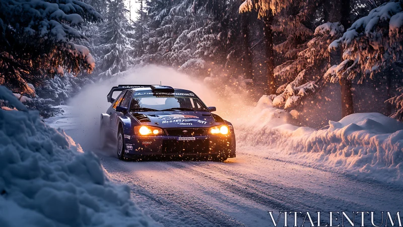 Snowstorm sparks as rally car slashes through twilight pines