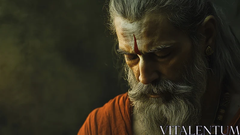 Saffron-robed sage in meditative shadow and molten light.