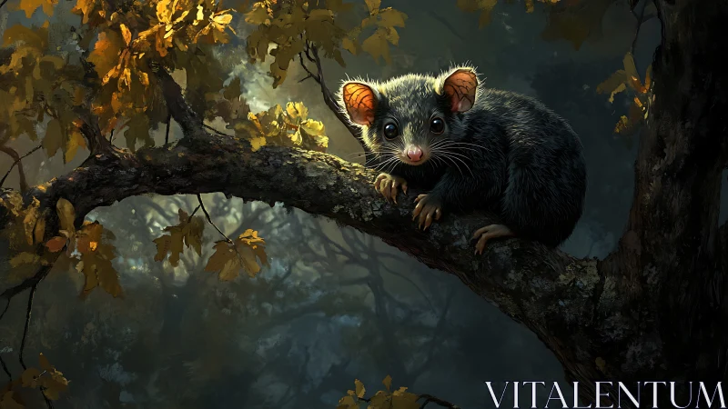 Nocturnal possum perched on autumn branch in soft moonlight.