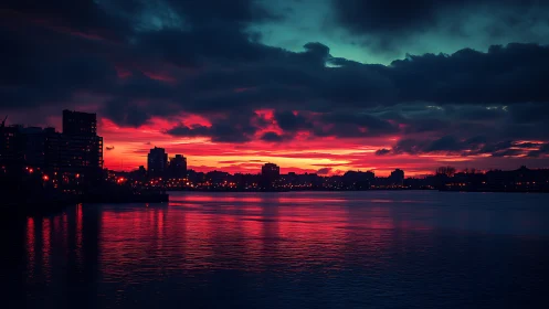 City waterfront under deep red sunset sky at dusk.