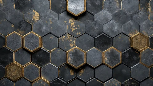 Hexagonal metallic tessellation with distressed gold inlays.