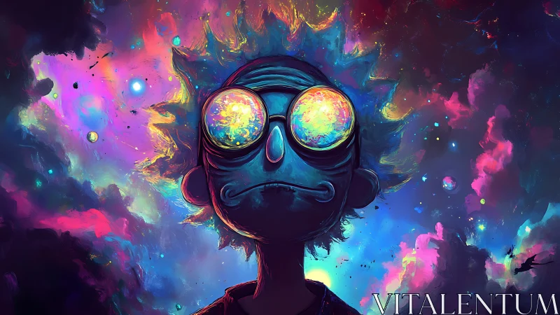 Cosmic dreamer portrait with neon galaxy reflections.