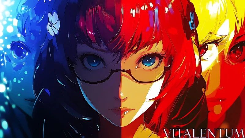 Split-spectrum anime portrait with triadic character layering.