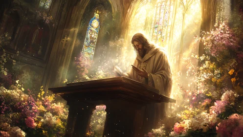 Gentle robed figure reading in a sunlit, flowered chapel.