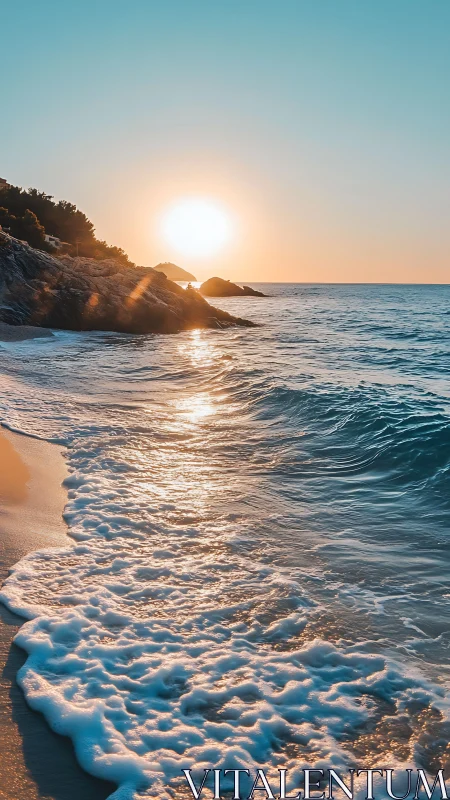 Sunlit foam scribbles glowing trails along a tranquil shore