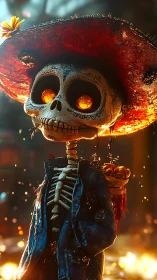Luminous D&iacute;a de Muertos skeleton vendor in ember lit street