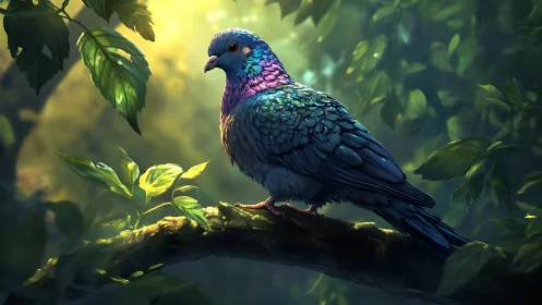 Vivid iridescent pigeon perched on forest branch, digital art style.