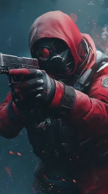 Red-clad masked operative aiming pistol in smoky embers.