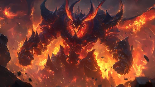 Molten horned titan strides through a storm of roaring fire.